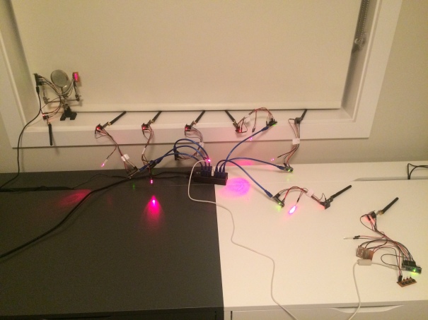 Relay nodes with triggered LEDs indicating that the signal was relayed forward.
